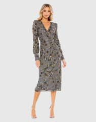 Gray Long Sleeve V Neck Midi Dress