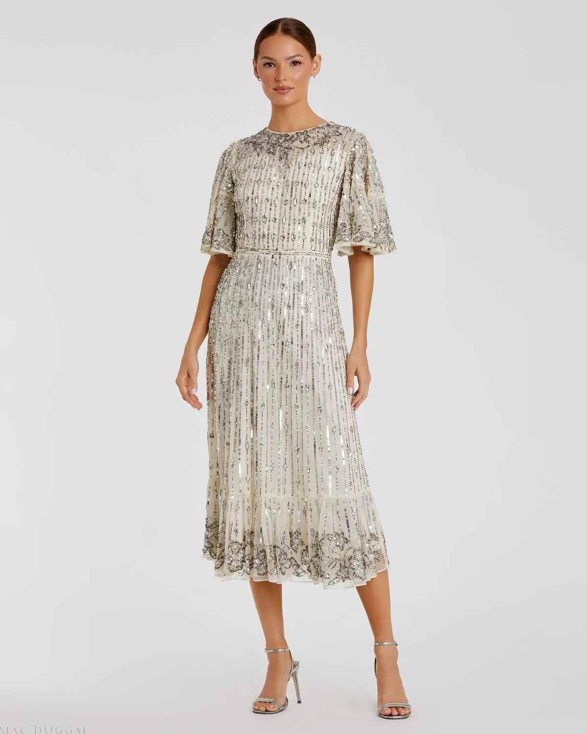 Silver Flounce Sleeve Midi Dress