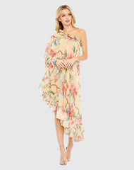 Beige Floral Print One Shoulder Cape Dress
