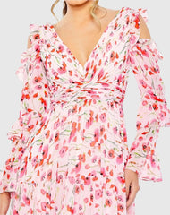 Pink Ruffle Sleeve Floral Print Gown