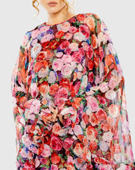 Multicolor Floral Printed Chiffon Cape Mini Dress