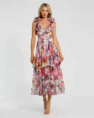 White Floral Chiffon Ruffle Tiered Cut-Out Midi Dress