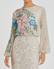 Beige High Neck Long Sleeve Sequin Gown