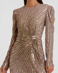 Brown Embellished Puff Sleeve Side Knot Gown
