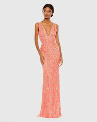 Pink Sequined Plunge Neck Sleeveless Column Gown