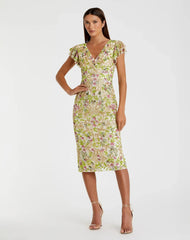 Beige Floral Embellished Flutter Cap Sleeve Dress