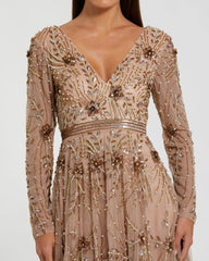 Beige Embellished Sheer Sleeve A-Line Gown