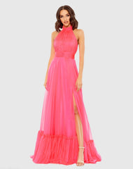 Pink High Neck Tiered Chiffon Halter Gown