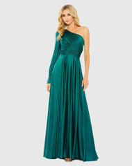 Green One Shoulder Bishop Sleeve Flowy Gown
