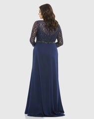 Navy Lace Illusion Long Sleeve V-Neck Draped Gown (Plus)