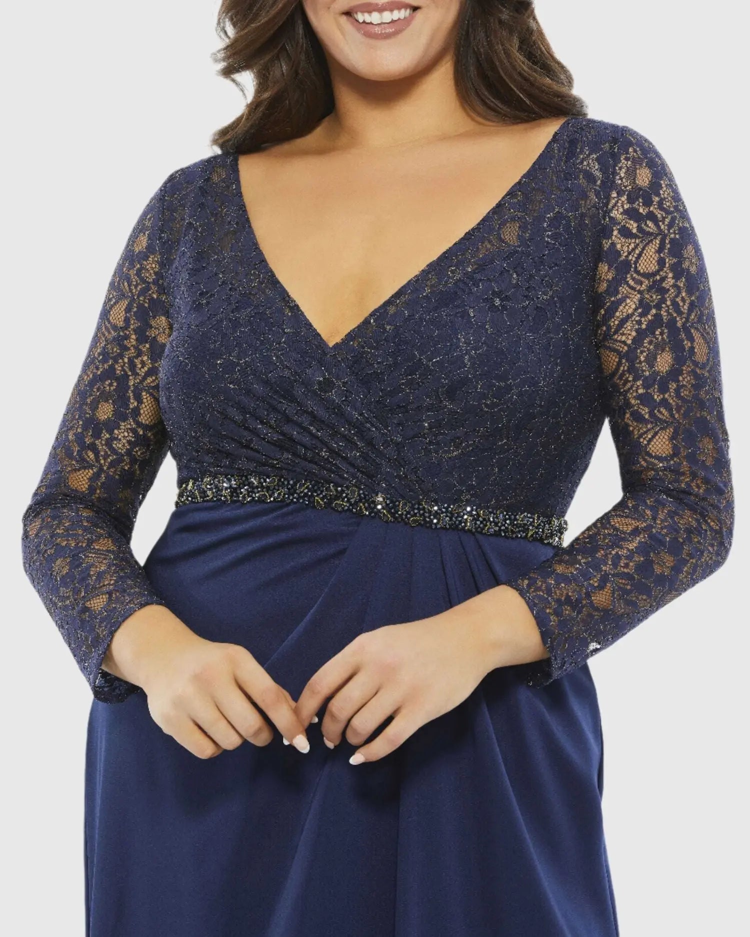 Navy Lace Illusion Long Sleeve V-Neck Draped Gown (Plus)