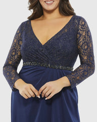 Navy Lace Illusion Long Sleeve V-Neck Draped Gown (Plus)