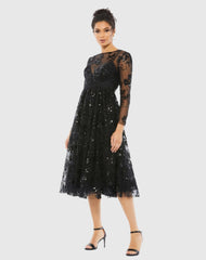 Black Embellished Illusion Long Sleeve Midi Dress