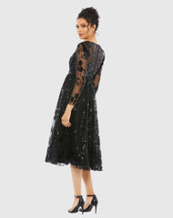 Black Embellished Illusion Long Sleeve Midi Dress