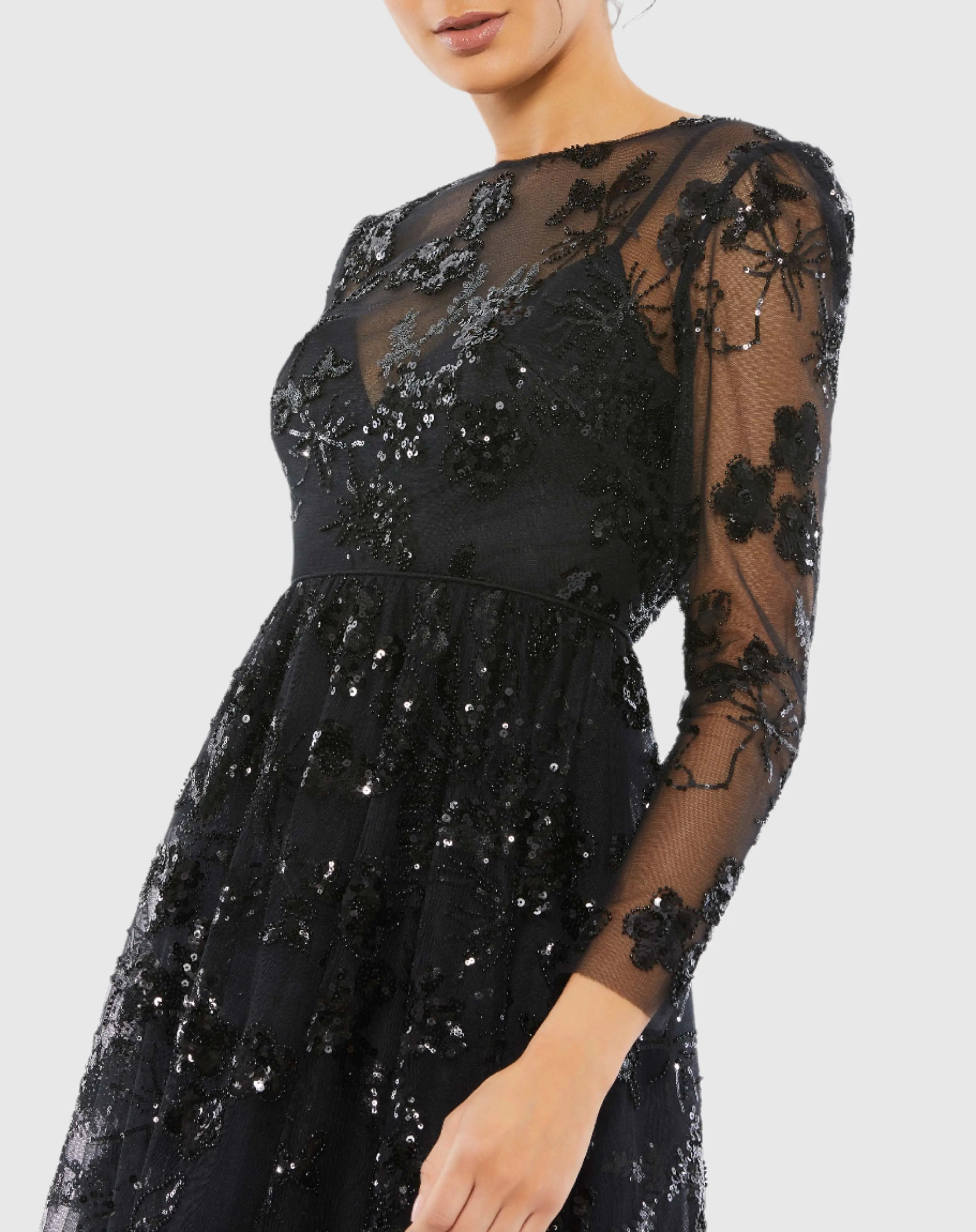 Black Embellished Illusion Long Sleeve Midi Dress