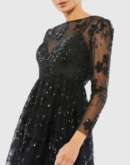 Black Embellished Illusion Long Sleeve Midi Dress