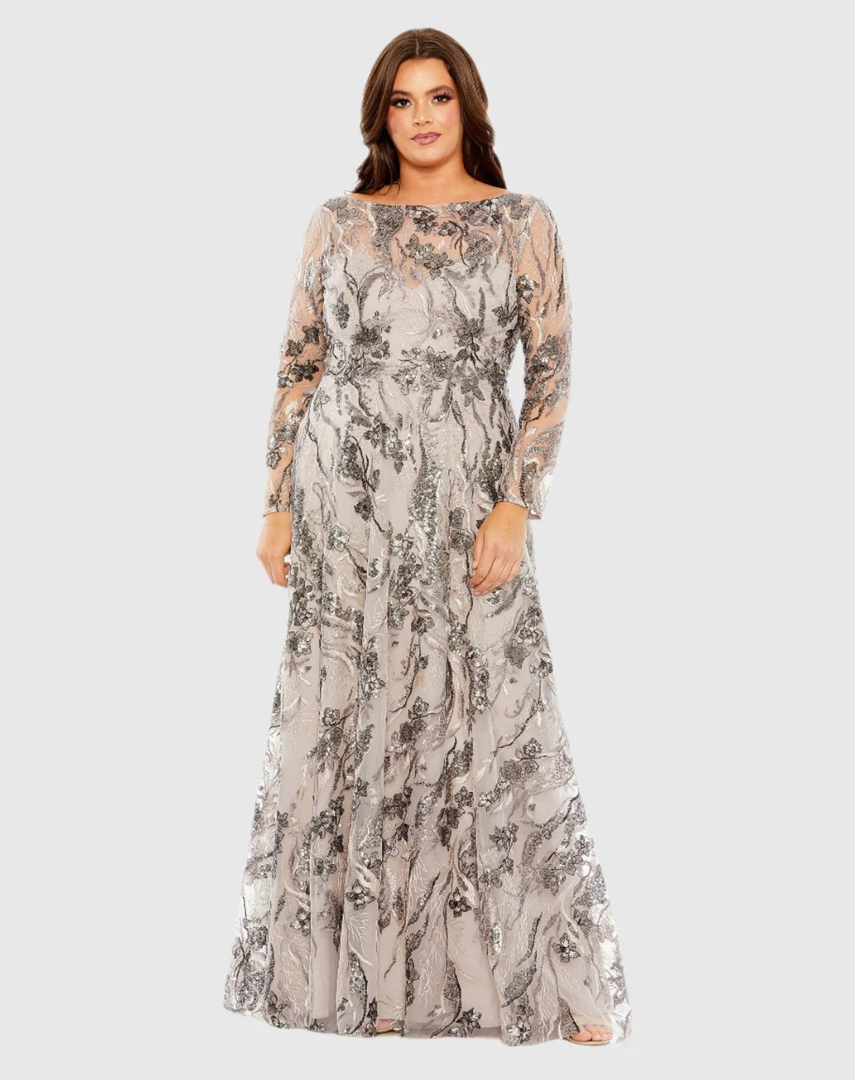 Beige Embroidered Long Sleeve A Line Gown