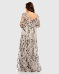 Beige Embroidered Long Sleeve A Line Gown
