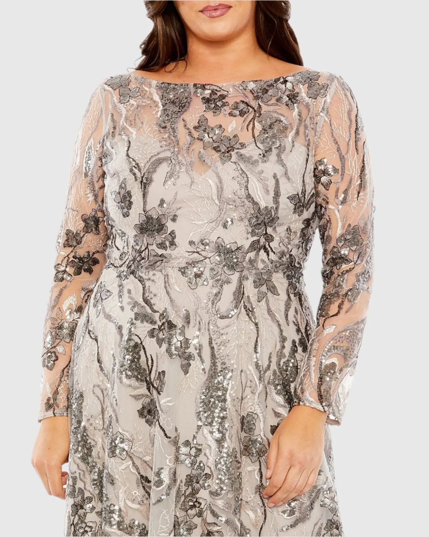 Beige Embroidered Long Sleeve A Line Gown