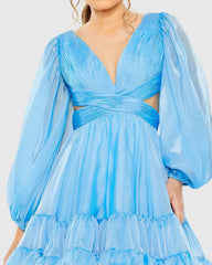 Blue Chiffon Cut Out Long Sleeve Mini Dress
