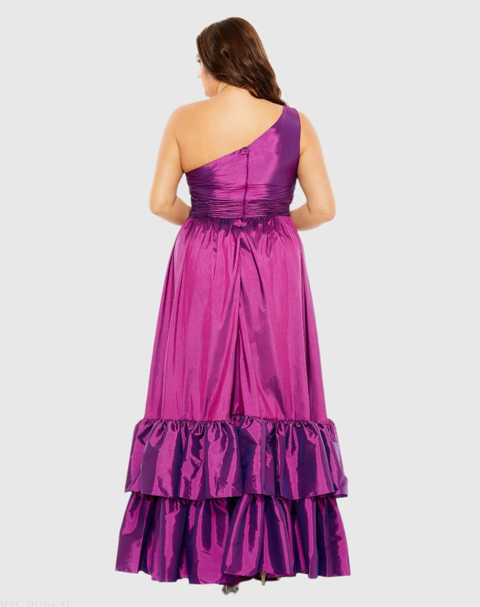 Purple One-Shoulder Tiered Ruffle Hem Evening Gown