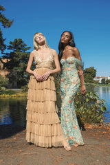 Beige Beaded Mesh V Neck Gown With Tiered Ruffles