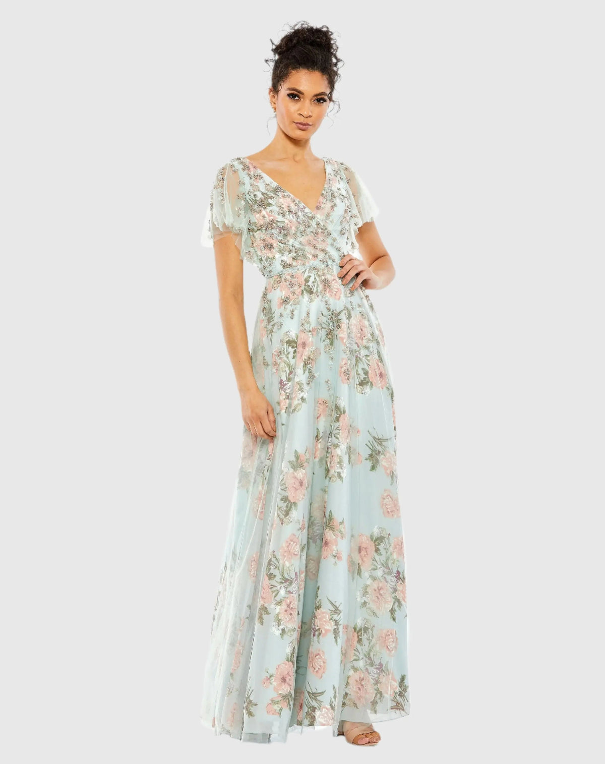 Blue Floral Flutter Sleeve V-Neck Maxi Dress