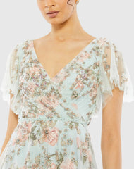 Blue Floral Flutter Sleeve V-Neck Maxi Dress