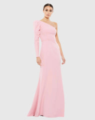 Pink One Shoulder Puff Sleeve Gown