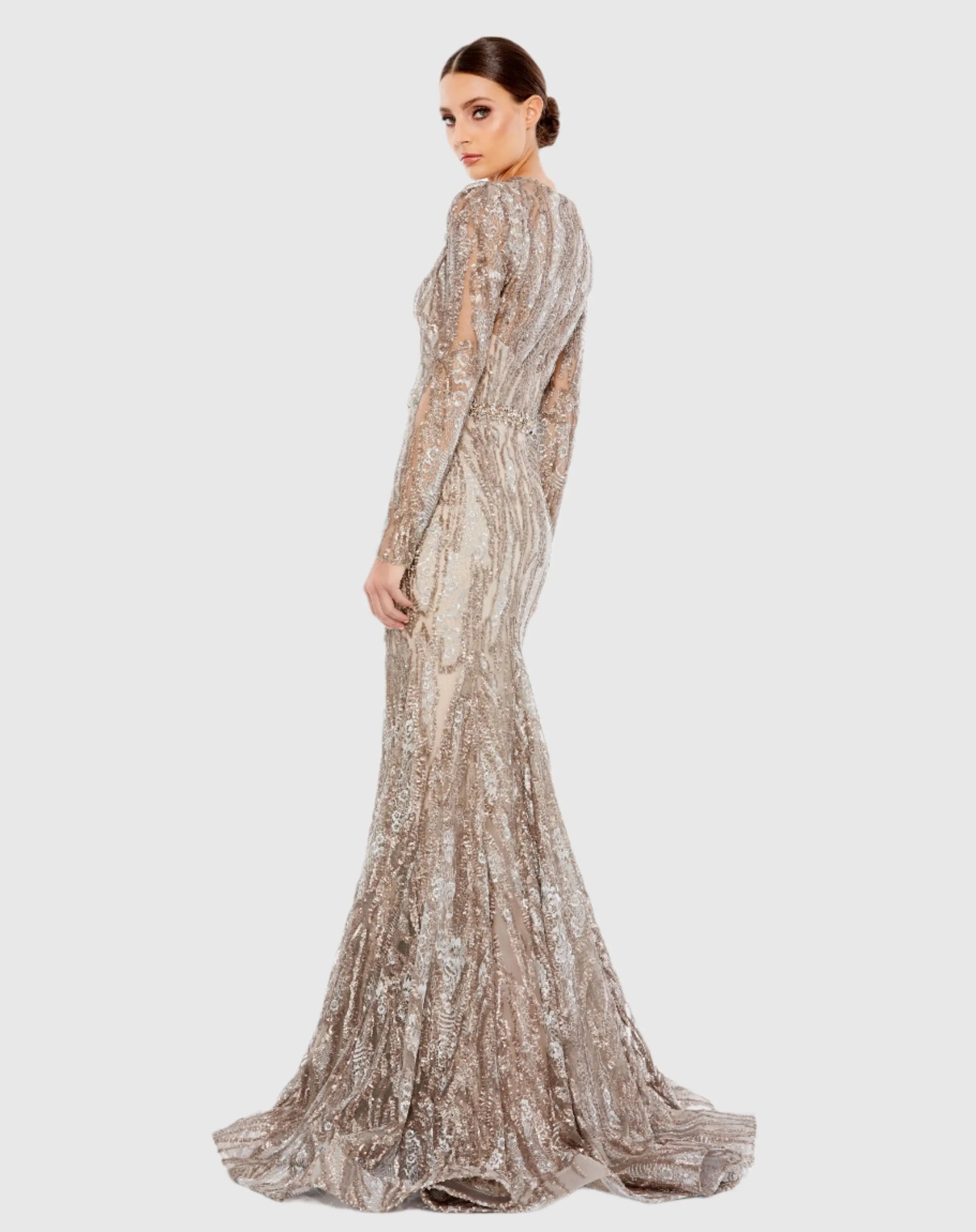 Beige Embellished Long Sleeve Plunge Neck Trumpet Gown