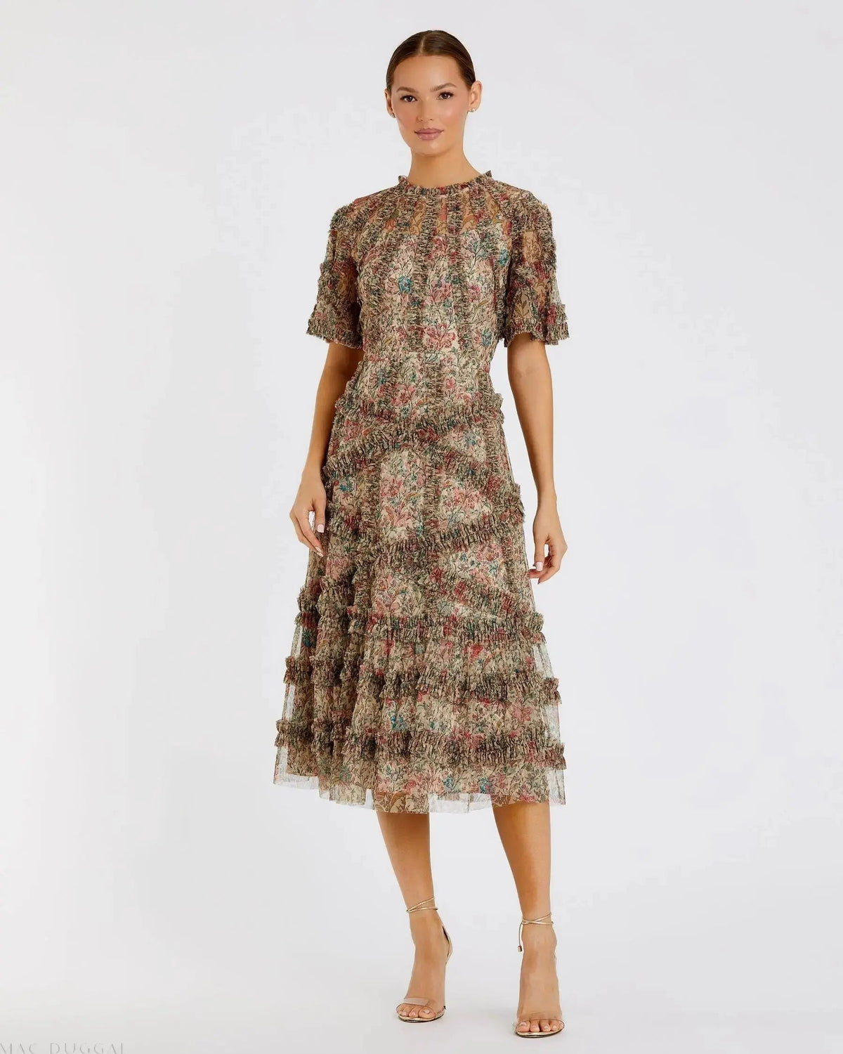 Beige Floral Flutter Sleeve Mesh Print Dress