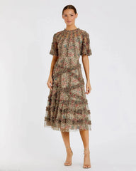 Beige Floral Flutter Sleeve Mesh Print Dress