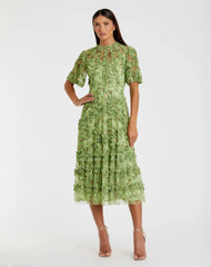 Green Floral Flutter Sleeve Mesh Print Dress