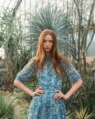 Blue Mesh Puff Sleeve Floral Print Dress