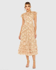 Beige Ruffle Tiered Short Sleeve A Line Dress