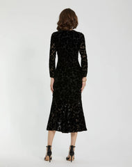 Black Burnout Velvet Long Sleeve Ruffle Hem Midi Dress