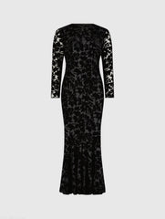 Black Burnout Velvet Long Sleeve Ruffle Hem Midi Dress