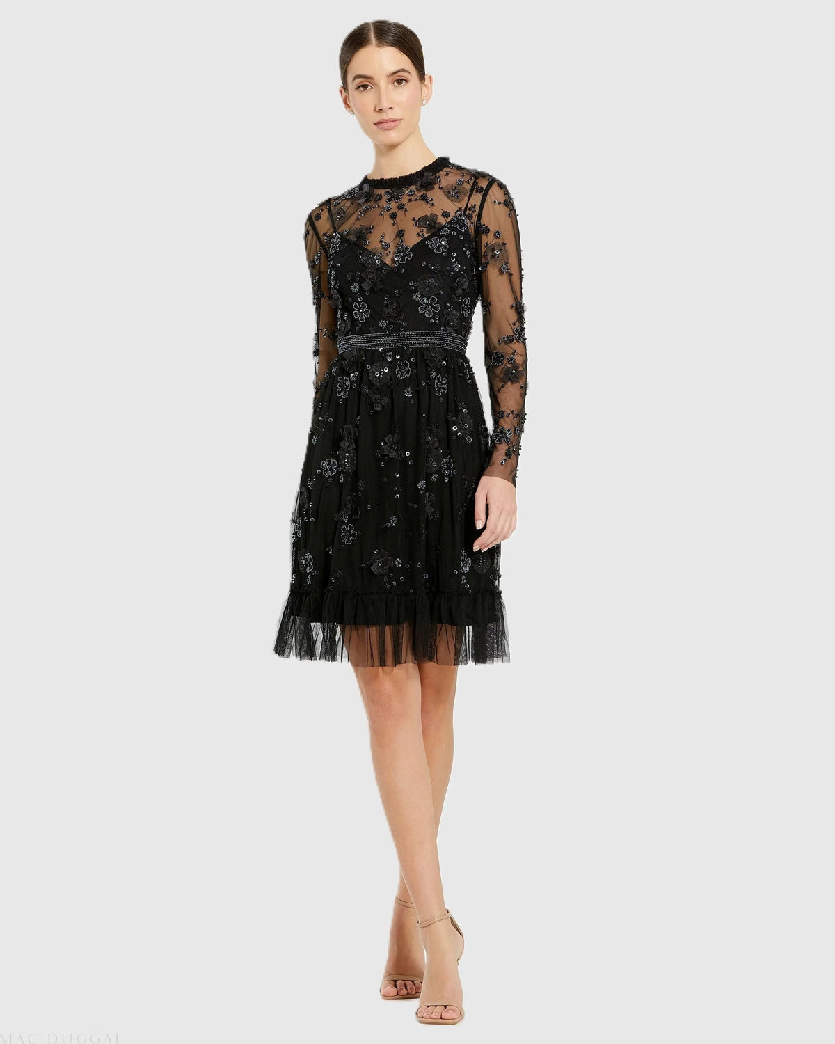 Black Sheer Long Sleeve Embellished Midi Dress