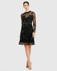 Black Sheer Long Sleeve Embellished Midi Dress