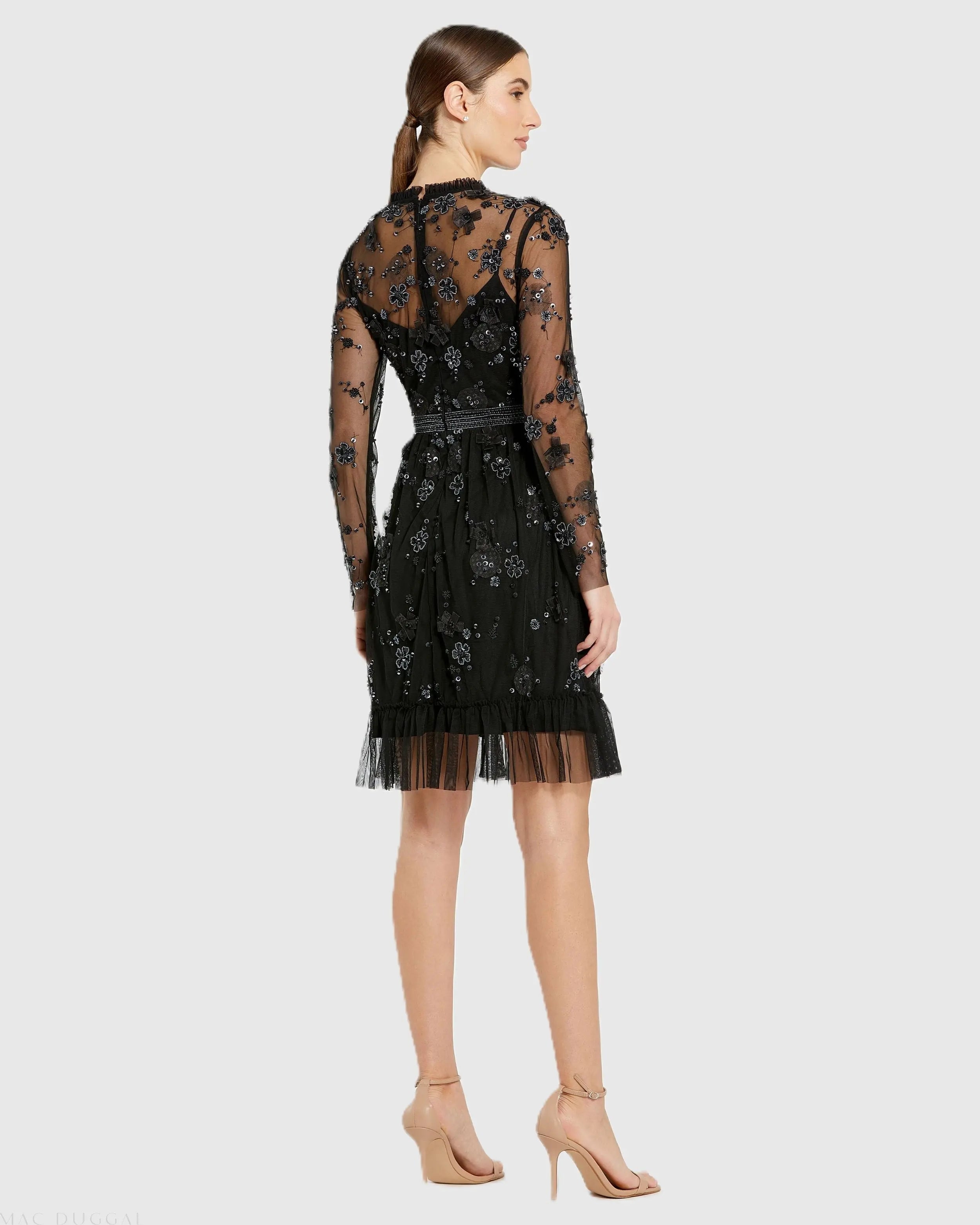 Black Sheer Long Sleeve Embellished Midi Dress
