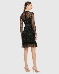 Black Sheer Long Sleeve Embellished Midi Dress