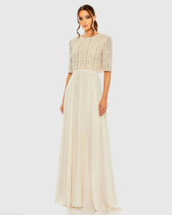 Beige Chiffon Gown w/ Fully Beaded 3/4 Sleeve Top