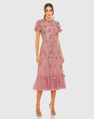 Pink Embellished High Neck Flutter Sleeve A Line Dress