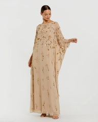 Beige Floral Embellished Trapeze Dress