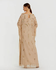 Beige Floral Embellished Trapeze Dress