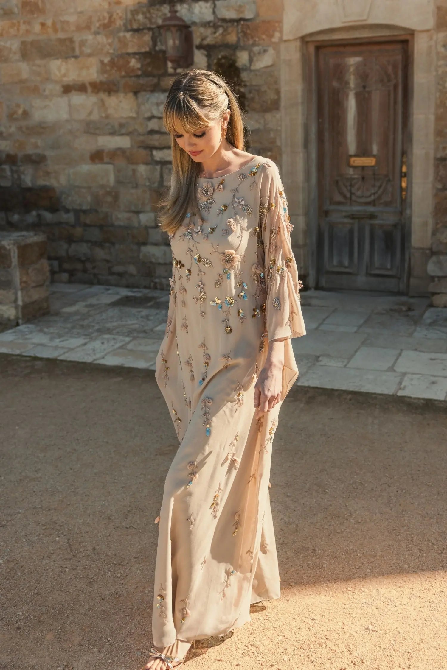 Beige Floral Embellished Trapeze Dress