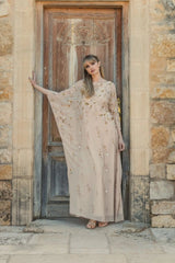 Beige Floral Embellished Trapeze Dress