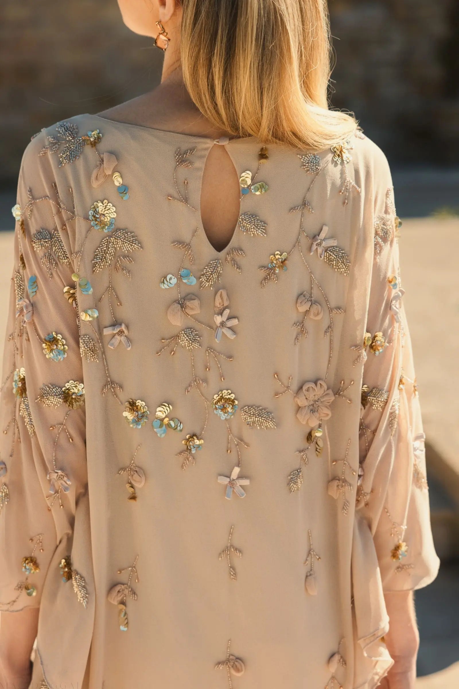 Beige Floral Embellished Trapeze Dress