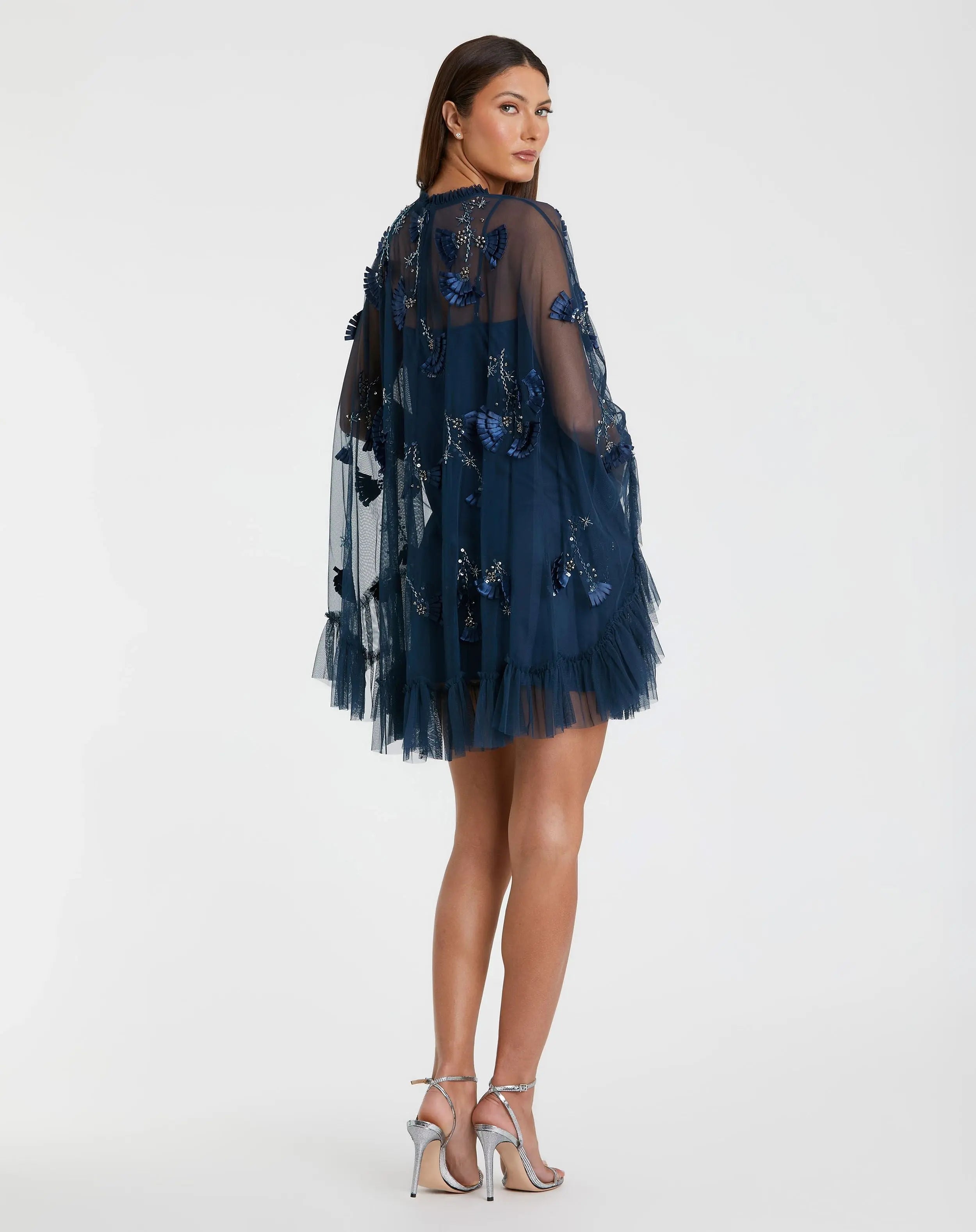 Navy Embellished Long Flare Sleeve Mesh A-Line Dress