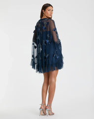 Navy Embellished Long Flare Sleeve Mesh A-Line Dress
